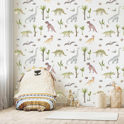 Children's room with dinosaur-themed wallpaper, toys, and a rug.