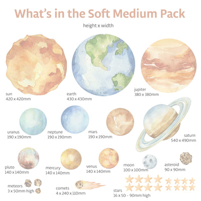Illustrations of planets with dimensions in a soft medium pack