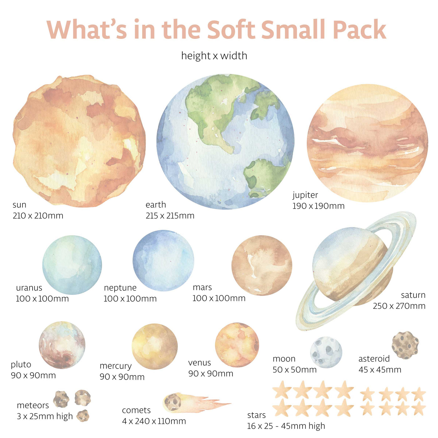 Illustrations of planets with dimensions for a soft small pack