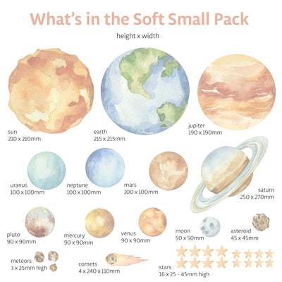 Illustrations of planets with dimensions for a soft small pack