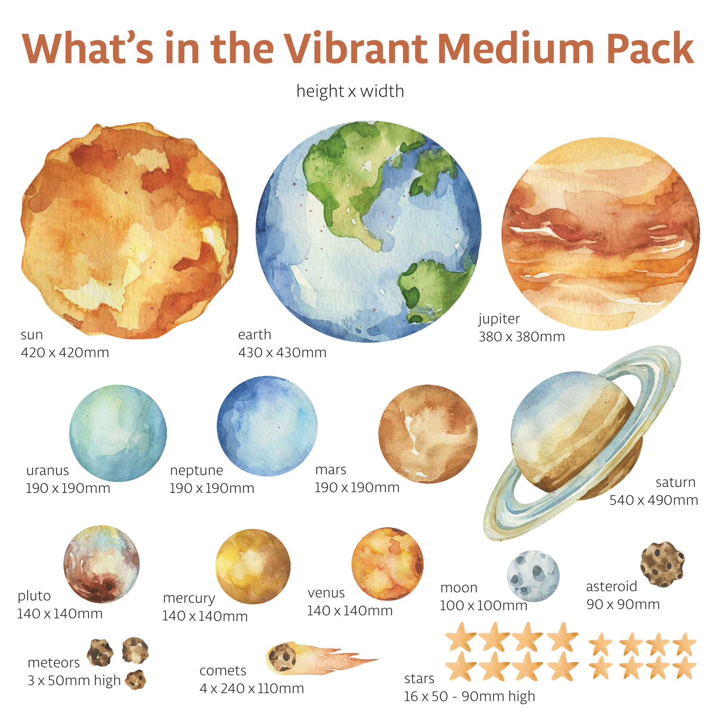 Illustrations of planets and celestial bodies with dimensions in a 'Vibrant Medium Pack' format.