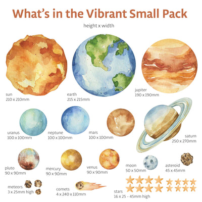Illustrations of planets and celestial bodies with dimensions in a 'Vibrant Small Pack' packaging.