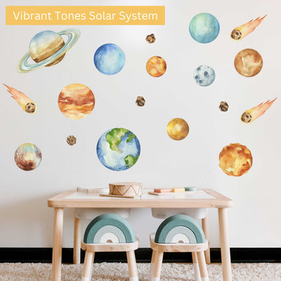 Wall with colorful solar system decals above a wooden table and chairs.